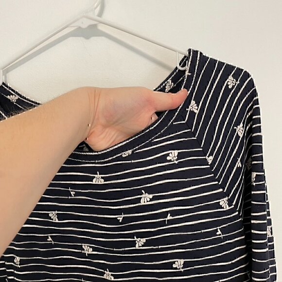 T BY TALBOTS Long Sleeve Mixed Print Dress Navy Blue Cream Striped Floral Cotton - Picture 5 of 11